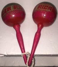 Pair of Vintage Hand Carved Gourd Maracas from Costa Rica Red Green