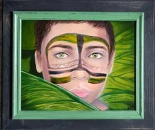 Original Oil Painting Brazilian Boy Green Black Nature Wildlife Amazon tribe new