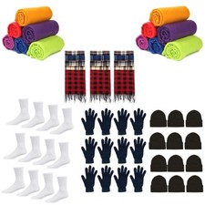 60 Piece Homeless Kit With Gloves, Beanies, Socks, Scarves, Blankets  Beanies