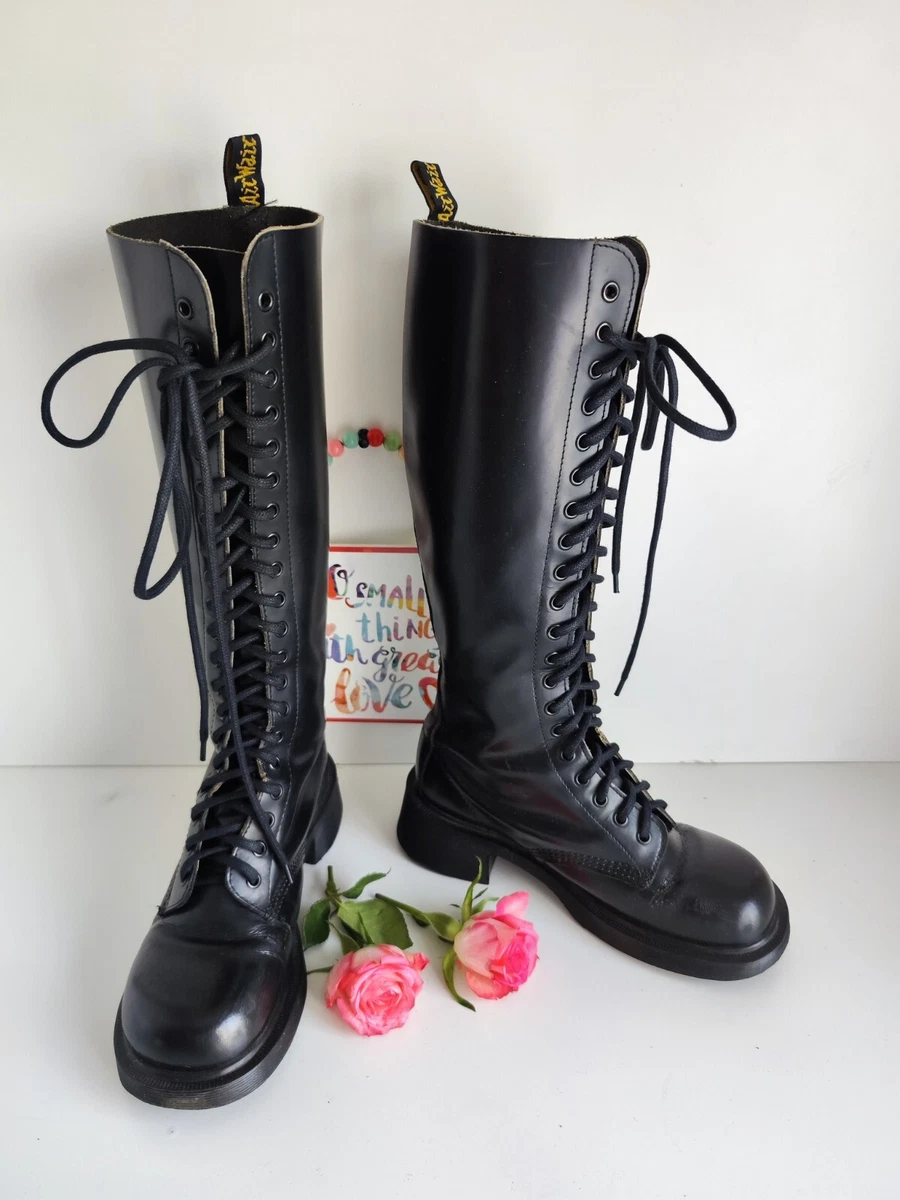 Dr Martens 1420 20 eye black knee high boots England vintage heel UK4 EU37 US6
