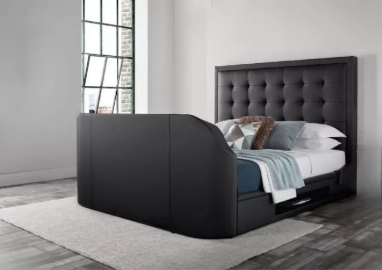 Titan Black Leather King Size Ottoman Storage Speakers TV Bed By Kaydian Design