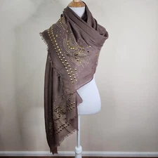 Women's Brown Viscose Oversized Scarf Gold Studded 72x37" Lightweight