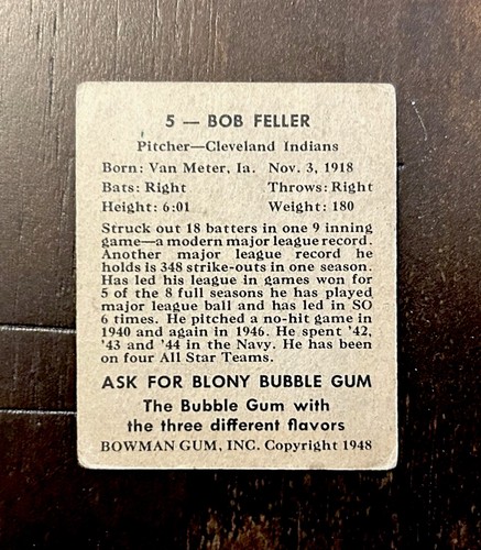 Bob Feller 1948 Bowman Cleveland Indians HOF VG - Foto 2 di 2
