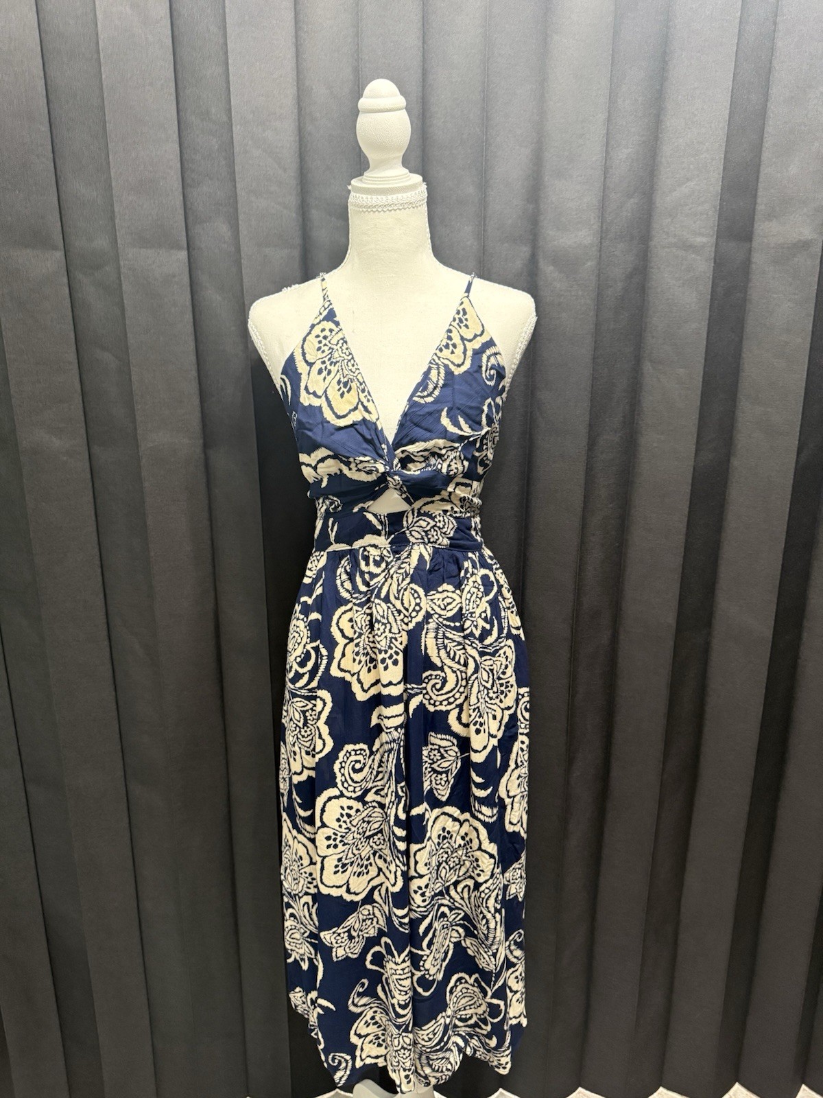 Midi Sundress Size S Blue White Floral Rayon Knit Sleeveless V-Neck A-Line Tie-image