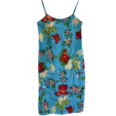 Natori Floral Satin Slip Midi Dress Size Medium Blue Chemise Nightgown