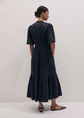 blue cheesecloth dress ME+EM Embroidered Maxi + Belt Navy - Women's - Cotton Cheesecloth soild