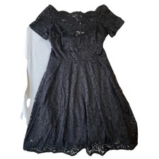 MISSMAY Women Dress M Black Floral Fit & Flare Lace Short Sleeve Off Shoulder