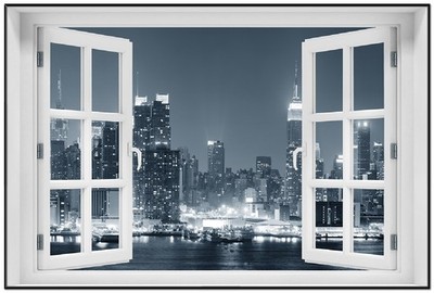 Wallario Poster mit Fenster-Illusion New York Skyline - Schwarz Weiß Blau New