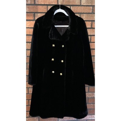 Vintage Nutrana by Lassie Black Faux Fur Coat Gold Button Double Breasted Jacket