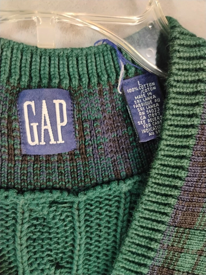 VTG Gap Mens Sweater Vest Large Green Cotton Cable Knit V Neck Preppy Pullover - Image 4 of 4