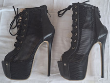 Leder Netz Heel Schwarz Hoher Absatz 18 cm Schnürung vorne RV hinten Gr. 37