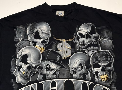 Vtg Y2K Liquid Blue Skulls AOP Gangster Thug Life Hustle Double Sided Shirt 3XL - Picture 3 of 10