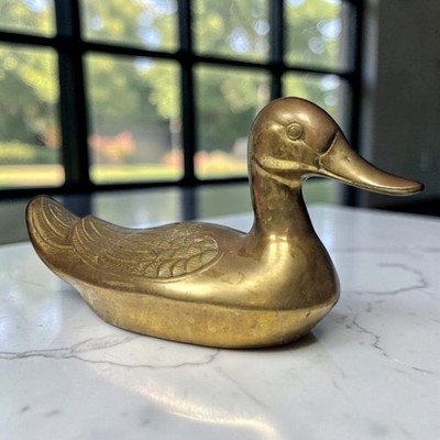 Large Brass Mallard Duck Figurine Mid Century Taiwan 14'' Long Vintage