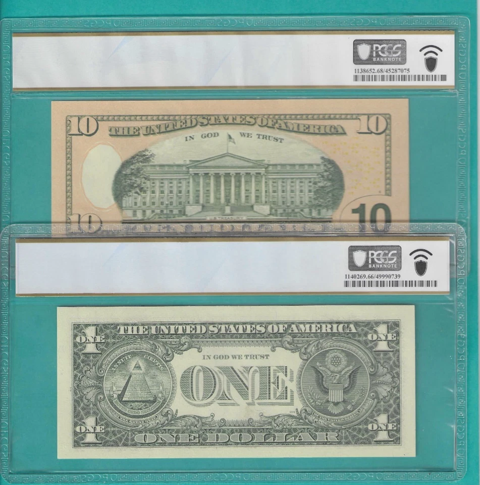 $1 and $10 2X Matching Serial Number SOLID 6s  66666619 PCGS Graded 66/68 - Image 2 of 2