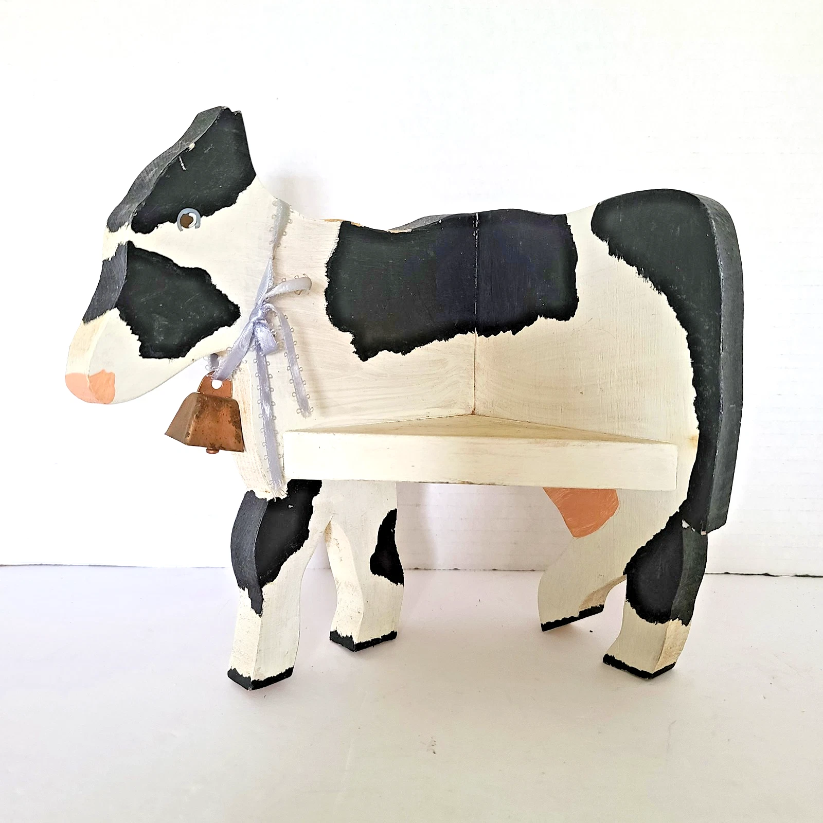Vintage Cow Corner Shelf Copper Bell Black & White Wall Mounted Cottage Handmade
