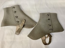 Pair Steamed Grey Wool Leather Spats Boot Covers Victorian w/ Box