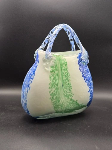 Vintage Handblown Murano Art Glass Purse Vase Blue/White/Green 8.5"