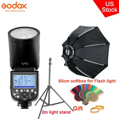 US Godox V1 2.4G TTL HSS Round Head Speedlite Flash+65cm Softbox+2m Light Stand