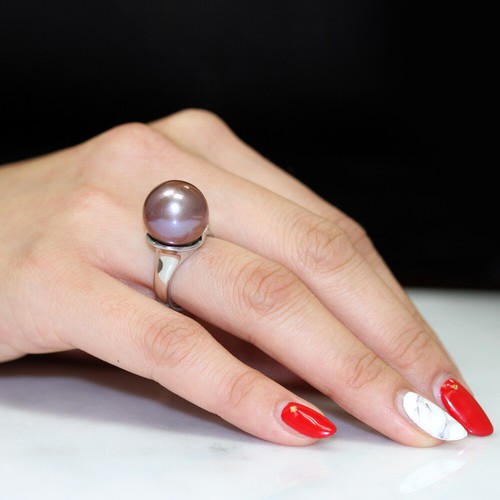14K White Gold Freshwater Cultured 14mm Pearl Kasumiga Purple Semi Round Ring - Afbeelding 3 van 3