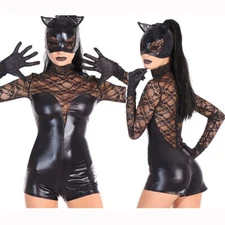 Women Faux Leather Leotard Bodysuit Lace Jumpsuit Catsuit Clubwear Rompers Set