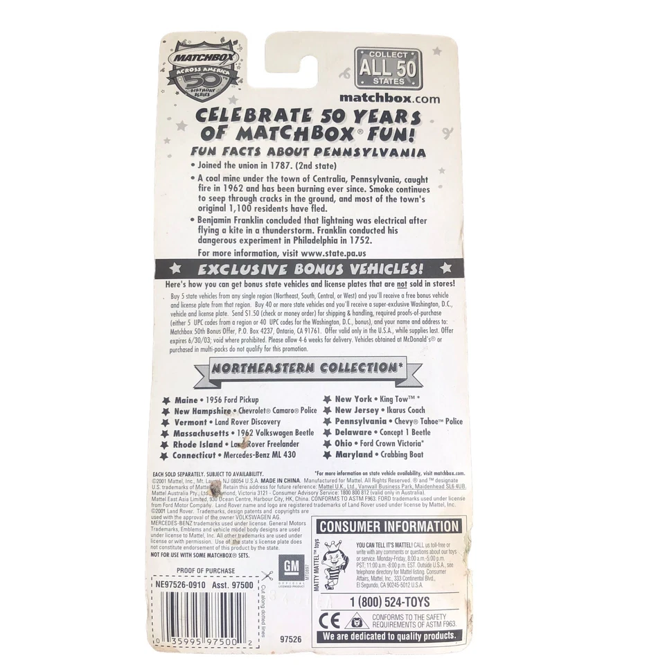 Matchbox 50th Anniversary 2001 Chevy Tahoe Police Diecast Car Pennsylvania - Image 3 of 4