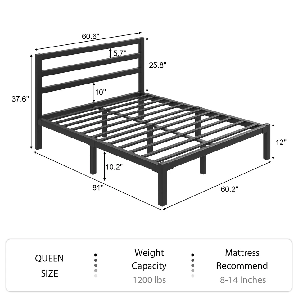 Marco de cama doble con plataforma de metal Queen King completo con cabecero y pie de cama Foto 3 de 4
