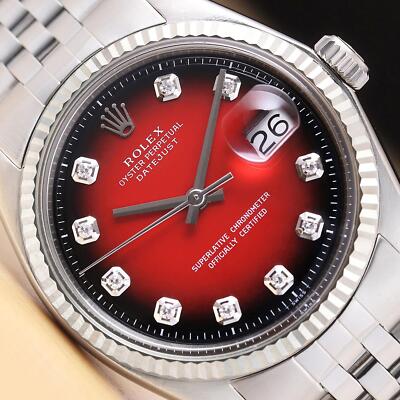 ROLEX MENS DATEJUST RED VIGNETTE DIAMOND DIAL 18K GOLD SS WATCH w