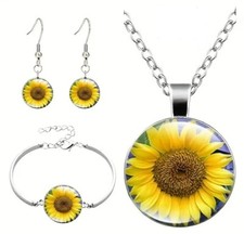 Sunflower Yellow Round Bracelet Hook Earrings Pendant Necklace Jewelry Set NEW