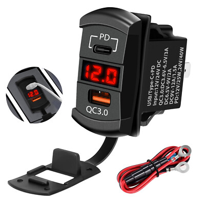 Dual USB Fast Charger Socket, Power Outlet, QC3.0 & PD, 12-24V, for Car Boat RV