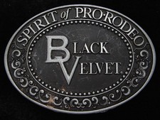 QA07161 VINTAGE 1979  BLACK VELVET SPIRIT OF PRO-RODEO  BOOZE BELT BUCKLE