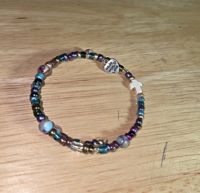 memory wire blue/purple beads bracelet with cross bead. one size fits all.  c101