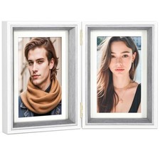 5x7 Double Hinged Picture Frame with Real Glass, PS06-GYX7 White Grey