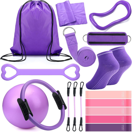 Set D'accessoires Pilates Ring 18 Pièces - Cercle De Résistance Rose - Marque RoundFunny - Neuf Pour Femmes