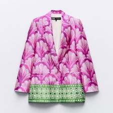 Zara Satin Geometric Print Blazer Womens M Pink Green White Long Sleeve