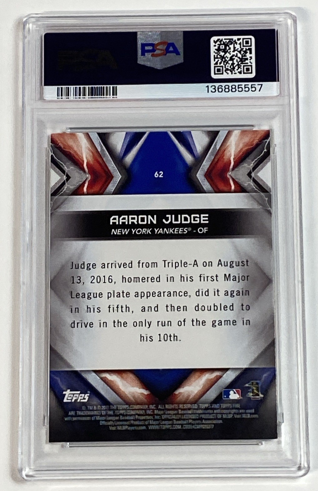 2017 Topps Fire Aaron Judge RC #62 PSA 8 NM-MT view 3