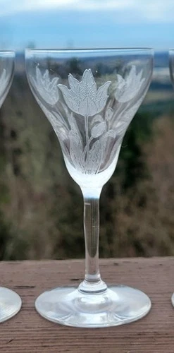 Set of 6 Vintage Depression Etched Cordial Glasses Poppy Floral Stemware