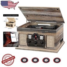 Farmhouse Shiplap Grey 6-in-1 Record Player, Bluetooth, 3-Speed, CD, Cassette