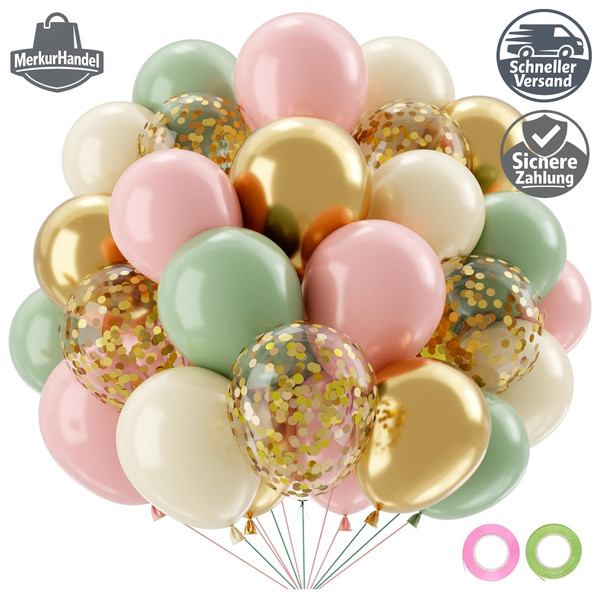 Luftballons 50 StüCk Rosa GrüN Gold SalbeigrüN Weiß Pastell FüR Geburtstag Deko-image