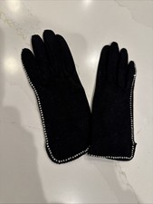 Vintage Women  s Black Suede Leather Gloves With Rhinestone Bling