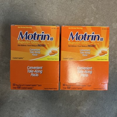 2 Boxes Motrin IB, 200 Coated Caplets (100 Packs of 2), 200mg Ibuprofen Exp 7/27