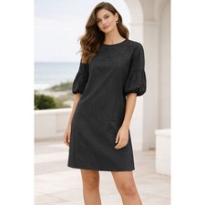 Lauren Ralph Lauren Black Embroidered Cotton Puff Sleeve Shift Dress Size 4