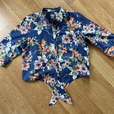 Chicos Top Womens Sz 3 = 16/18 Button Down Collar Tie Roll Sleeve Floral Cruise