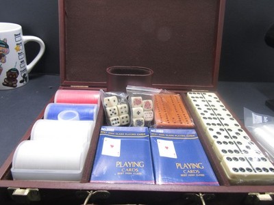 Multi Game Parlor & Board Game Set Poker Chips,Dice,Cribbage,Board Dominos,Cards