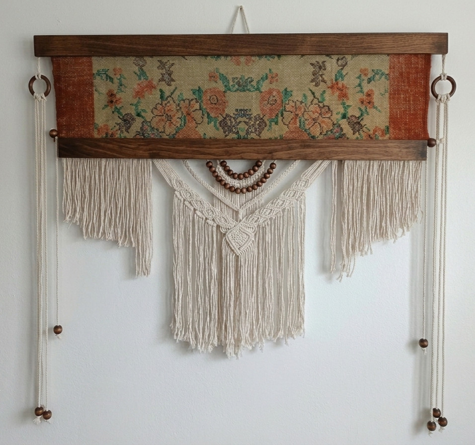 Mid-Century Handmade Macrame Wall Art with 60-Year-Old Vintage Rug Inlay.Antique