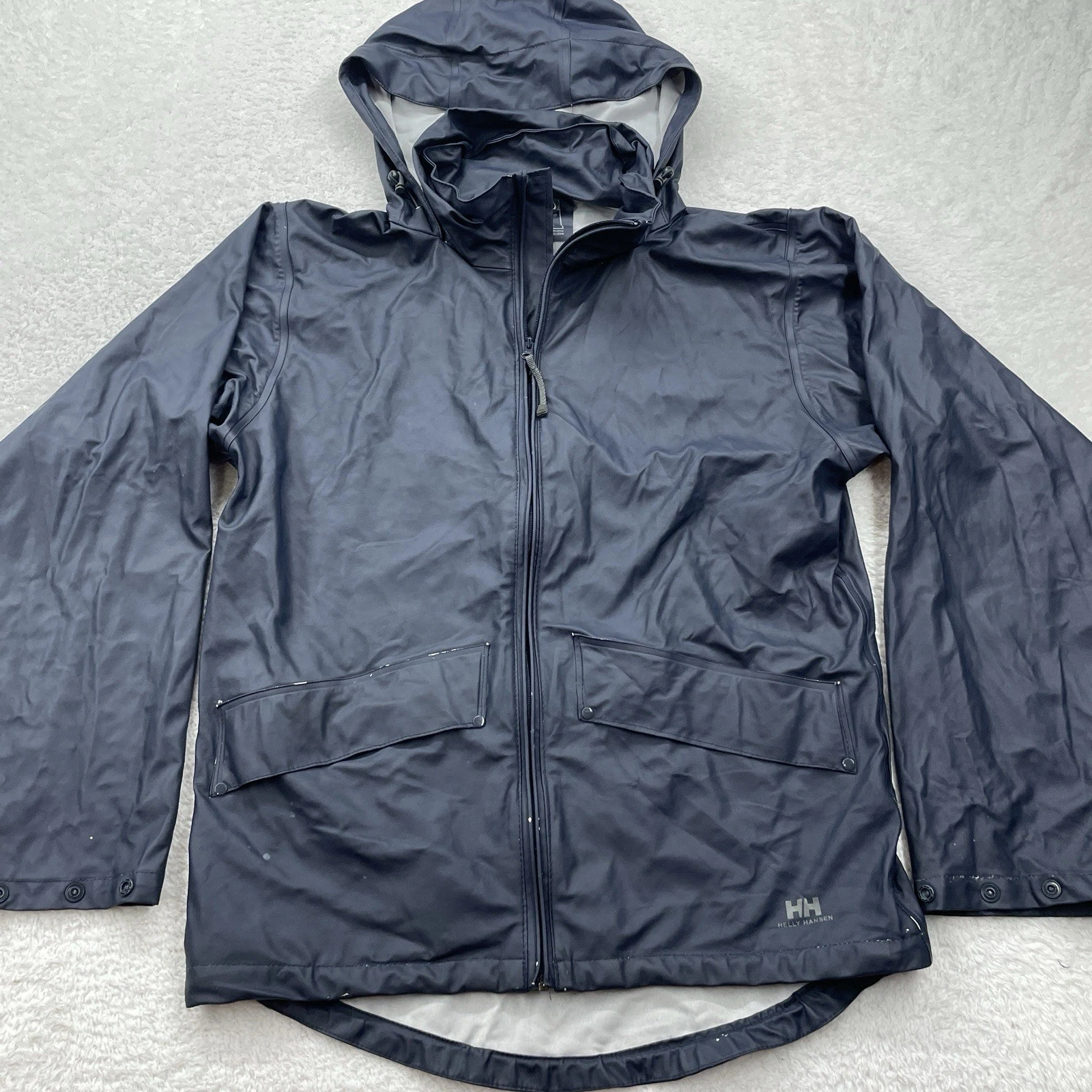 Helly Hansen Jacket Mens Small Blue Polyurethane Snap Zip Up Fishing Rain Coat