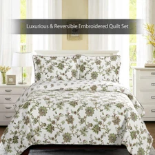 Floral Design Embroidered Carrie Oversized Microfiber 3PC Reversible Quilt Set