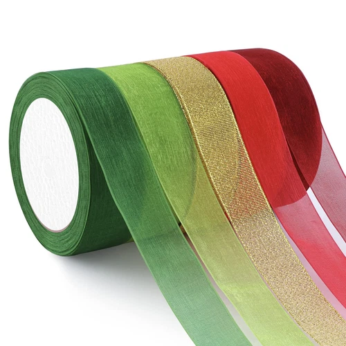 Organza Ribbon Sheer Chiffon Christmas Series Transparent 1"×25 Yd 5 Rolls