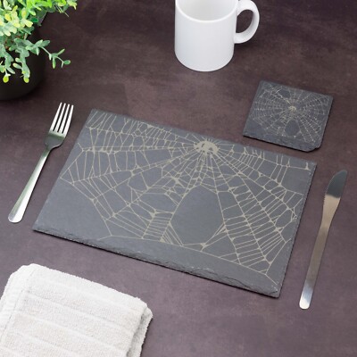 Schiefer Tischset Spinnennetz Untersetzer Set Lasergravur Halloween Goth Zuhause Geschenk
