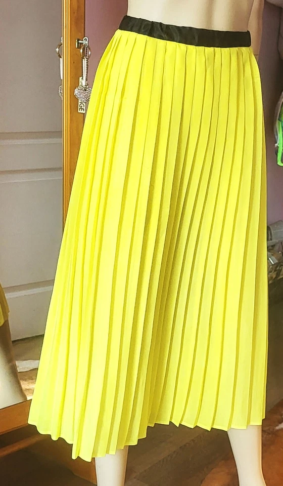 NUEVO HECHO A MANO Falda Plisada Elástica Cintura Pull On SEMY TRANSPARENTE AMARILLO TALLA L-XL Foto 2 de 4