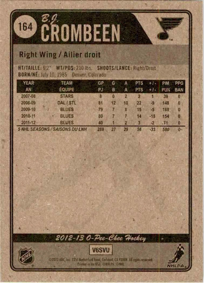 2012-13 O-Pee-Chee B.J. Crombeen #164 - Image 2 of 2